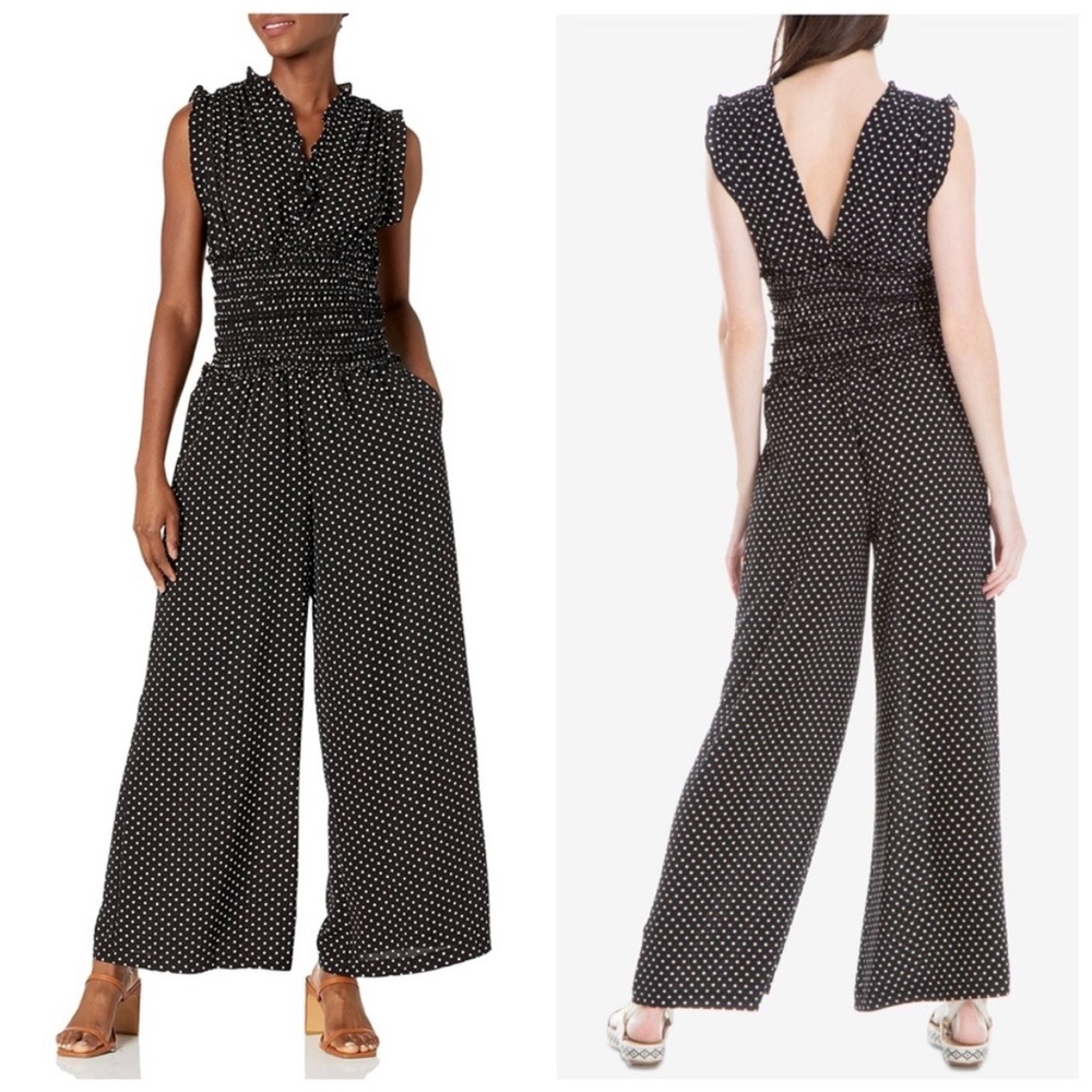 Max Studio | Black & White Polka Dot Sleeveless Jumpsuit with Ruffled V-Neck